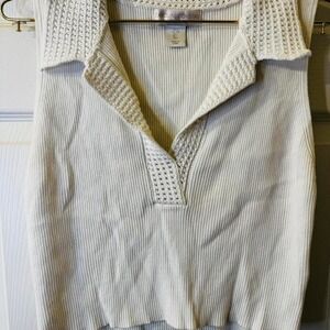 Caroline Constas White Ribbed Top With Crochet Neckline